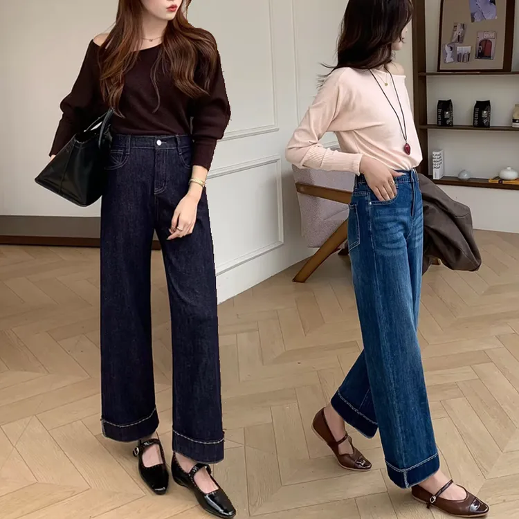 大码女裤秋季翻边直筒裤高腰弹力牛仔裤外穿百搭烟管裤长裤子5132