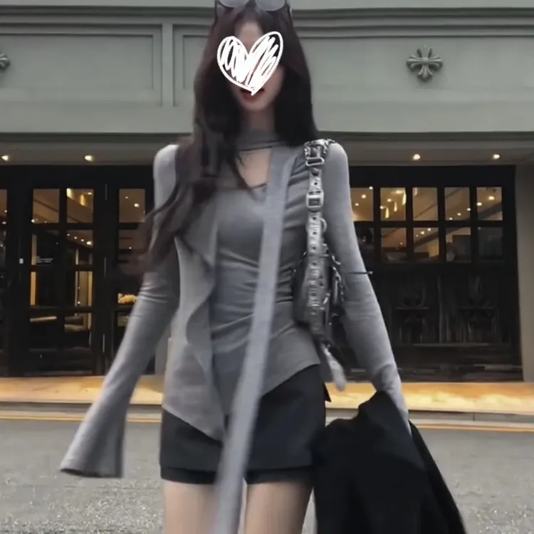 韩版荷叶边挂脖飘带长袖T恤女春季新款修身显瘦独特别致内搭上衣