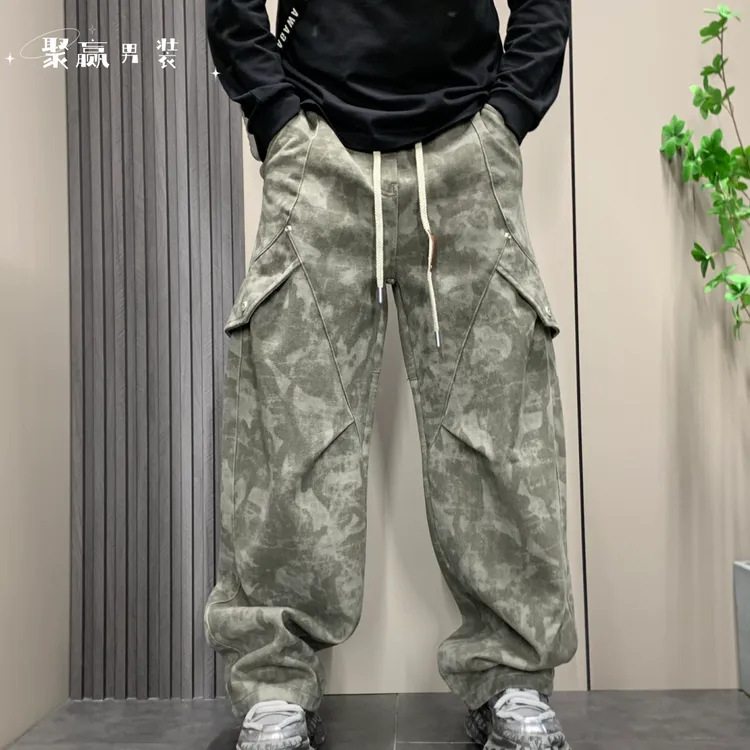 迷彩加绒工装牛仔裤男秋冬新款美式vibe高街痞帅宽松阔腿休闲长裤