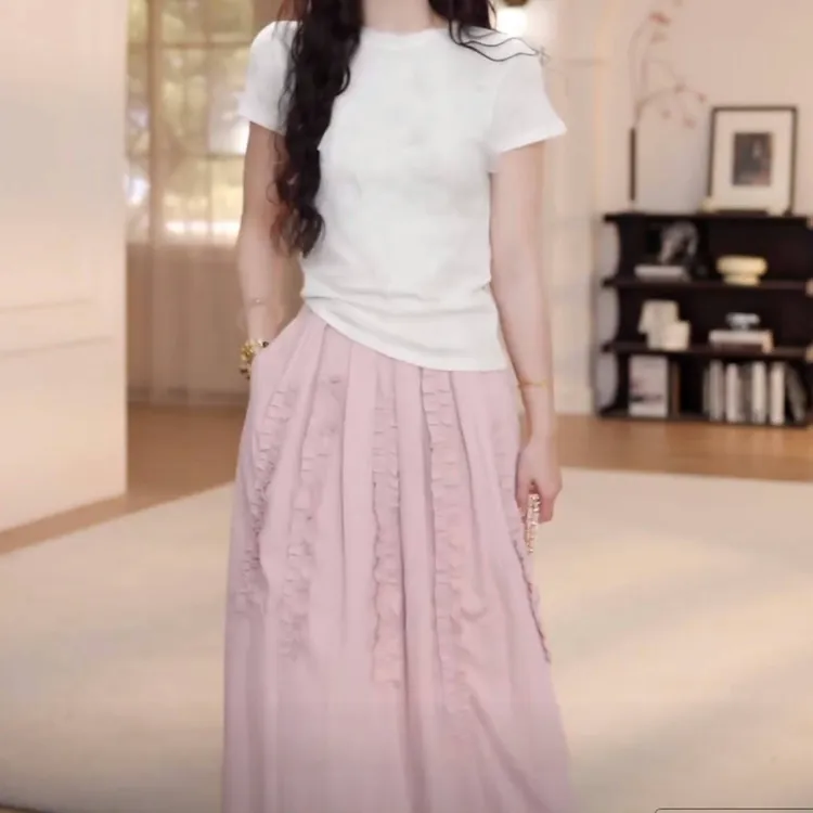 韩版显瘦气质松紧腰花边半身裙2025夏季新款设计感时尚百搭a字裙