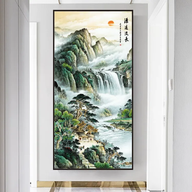 中式玄关贴画山水画3D立体装饰壁画客厅走廊入户对门背景墙壁画