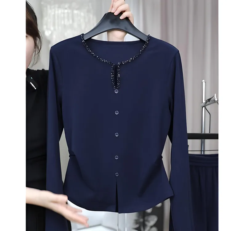 大码洋气时尚收腰长袖小衫女秋季新款微胖MM显瘦减龄高级打底上衣