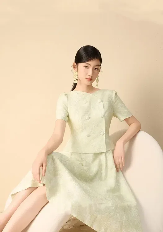 0862优雅轻奢提花假两件收腰连衣裙水绿色25夏新款