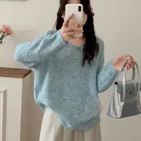 【晨雾百合】早春款设计穿搭气质立体花朵蕾丝V领针织宽松百搭毛衣