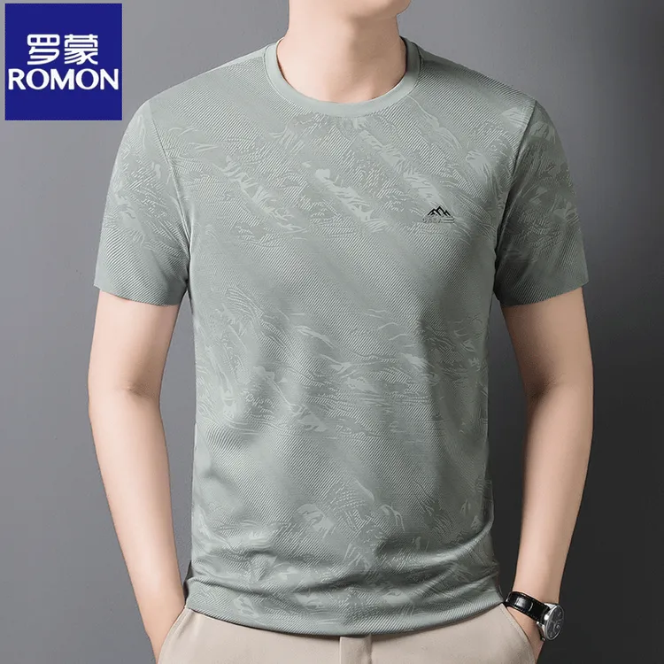 【含桑蚕丝】罗蒙冰氧丝短袖T恤男圆领夏季提花凉感透气半袖印花潮t