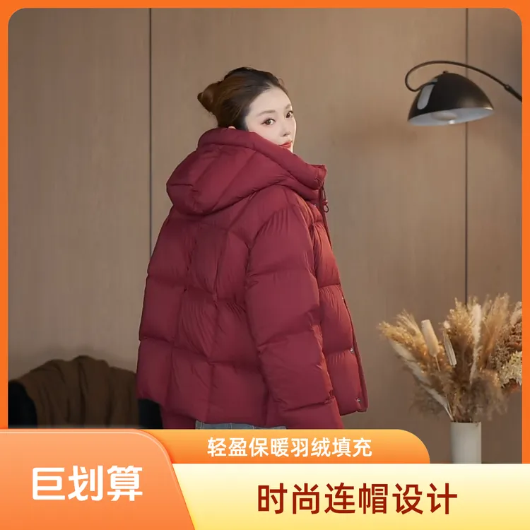短款连帽防水休闲风轻职风加厚休闲带帽女士保暖羽绒服时尚简约