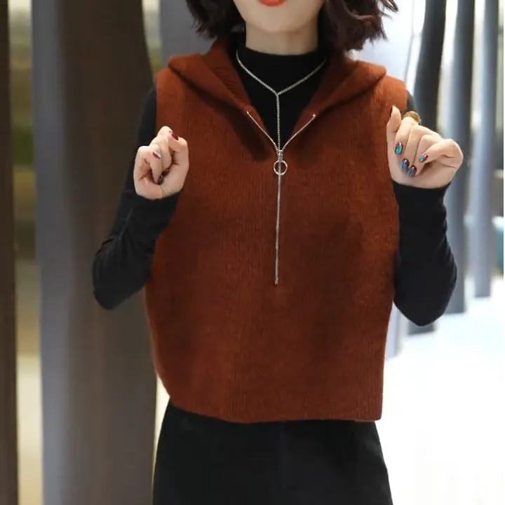 [工厂直销套装]秋冬款简约连帽叠穿针织马甲+半高领长袖H026+X87