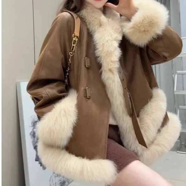 【白鸭绒内胆】麂皮绒外套长袖拼接保暖千金风秋冬外套羽绒服