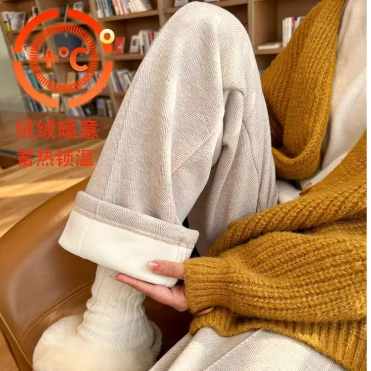 人字纹阔腿裤女秋冬加绒高腰垂感休闲加厚毛呢裤窄版毛呢直筒裤子