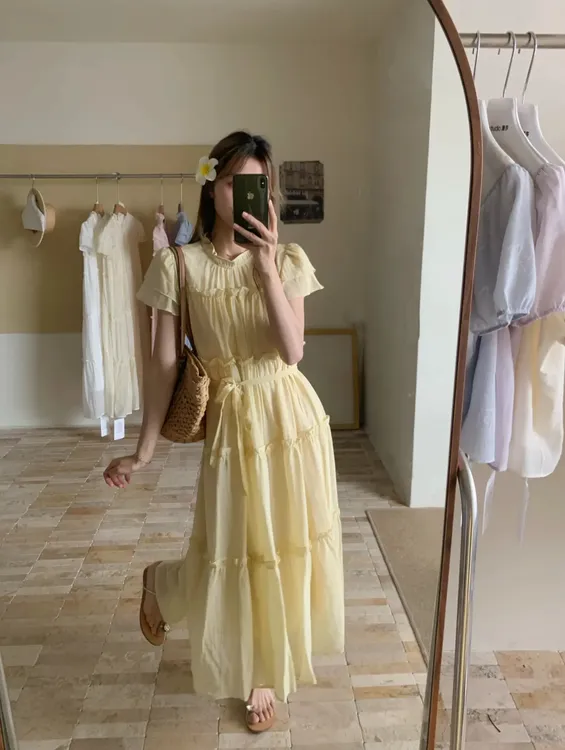 长裙套头清新优雅高腰中腰连衣裙中长款森系夏季收腰