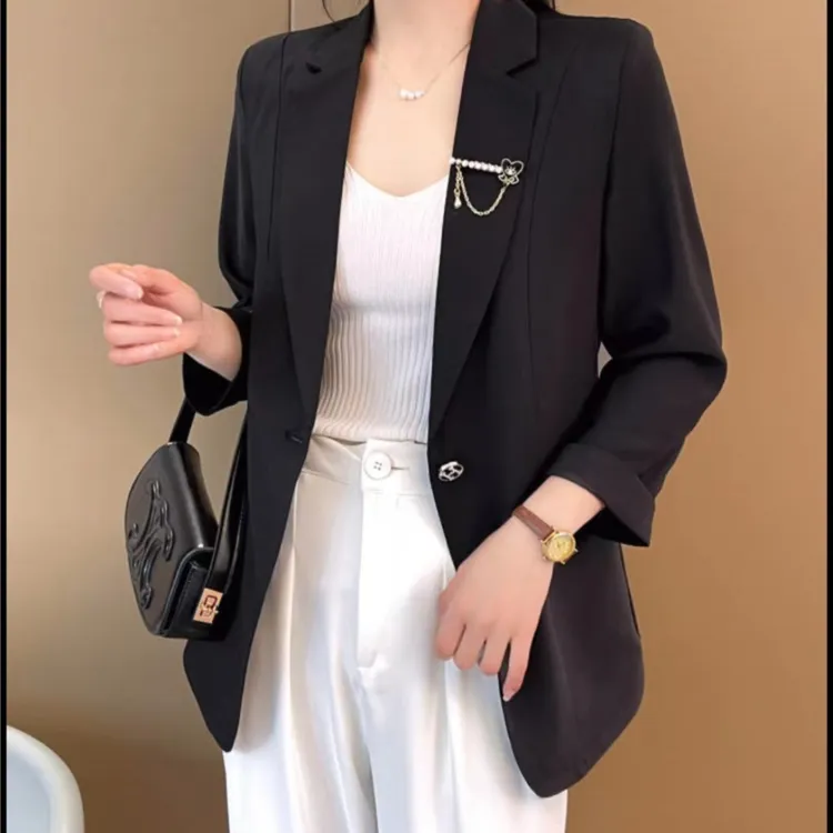 春夏秋显瘦气质高贵黑色斜纹小西装外套7分袖时尚百搭网红女外套1