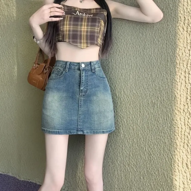 牛仔短裙女夏季大码高腰a字显瘦半身裙小个子辣妹防走光包臀半裙