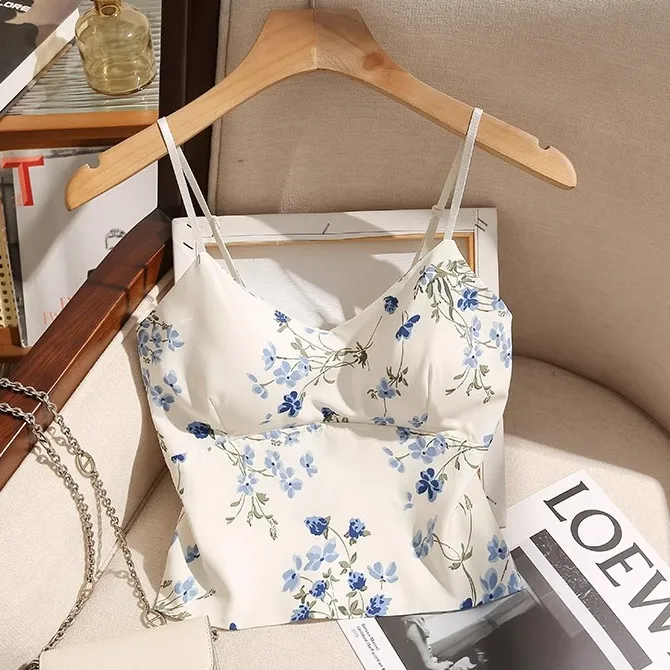 法式缎面碎花吊带背心设计感女夏内搭带胸垫辣妹打底抹胸上衣外穿