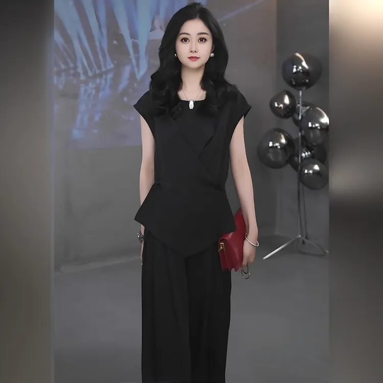 大码时尚洋气减龄夏季套装女2025胖mm高级感上衣休闲阔腿裤两件套