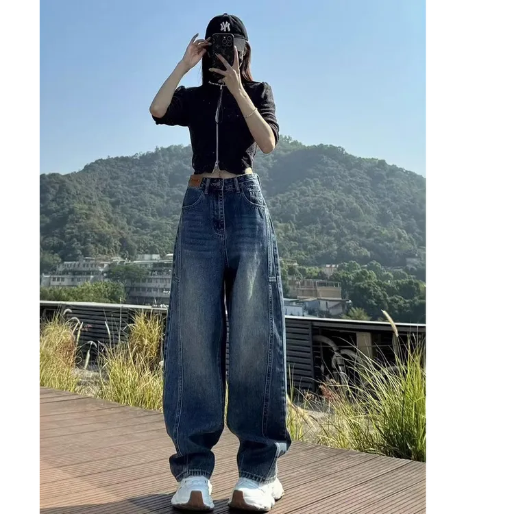 2025秋冬加绒蓝色弯刀牛仔裤女胖mm高腰显瘦直筒裤梨形身材阔腿裤