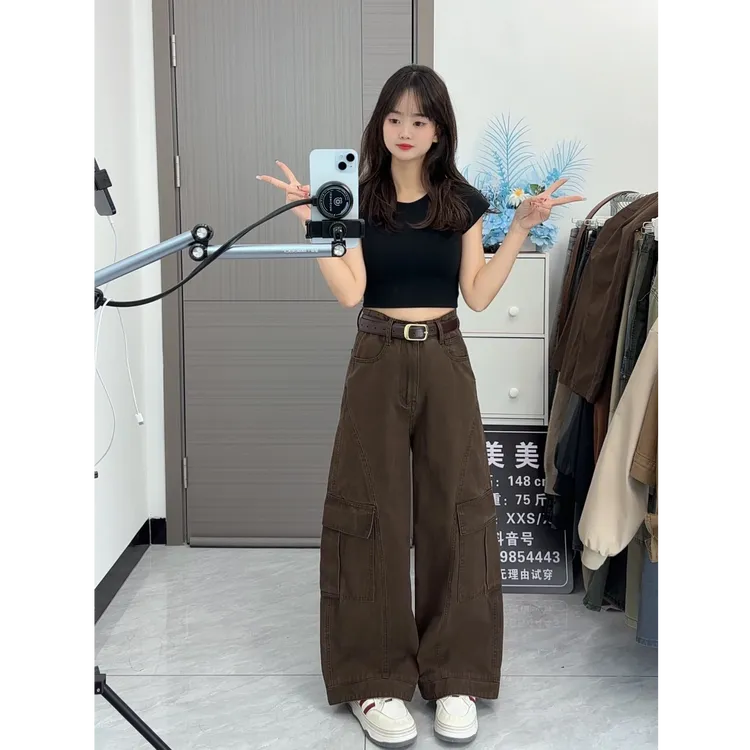 小个子美式复古美拉德棕工装阔腿牛仔裤女宽松高腰显瘦直筒裤长裤