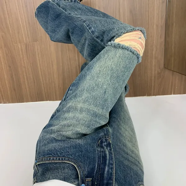 美式高街破洞阔腿牛仔裤女2025夏季新款街头潮流设计感宽松拖地裤