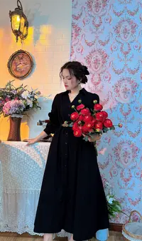 《米粒》63419法式复古V领百搭显瘦长袖开襟连衣裙