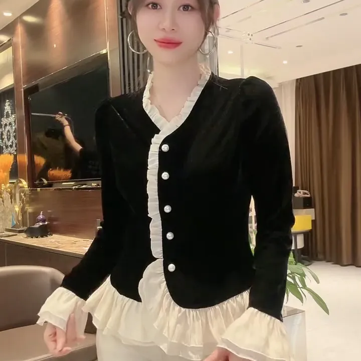 百搭花瓣袖气质长袖荷叶边小众小香风修身型小衫拼接修身显瘦打底