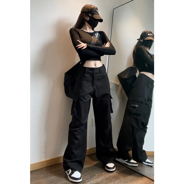 2025秋款新安可拉红红人黑色显瘦裤女款高腰工装裤新款阔腿工装裤