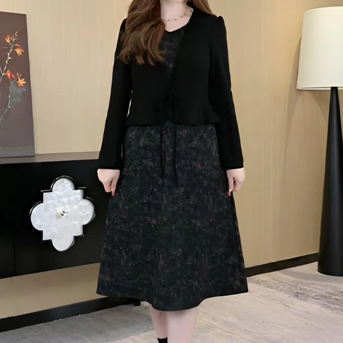 【现现款】胖大盈定制大码女装气质拼接显瘦打底连衣裙中长款241116