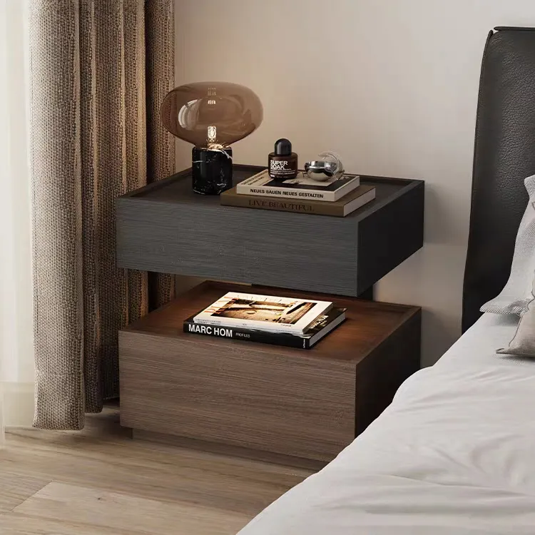 意式复古风带隐藏抽屉储物柜高级感带灯悬浮实木柜床头柜暗层保险