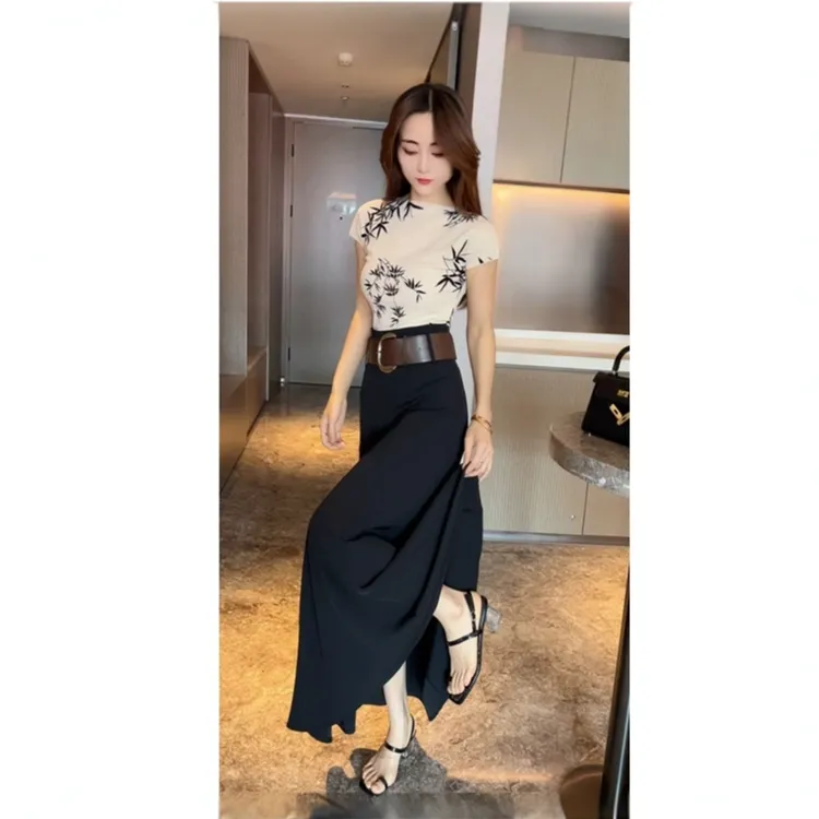 含腰带/名媛风气质洋气植绒竹子网纱上衣女显瘦半身裙伞裙潮