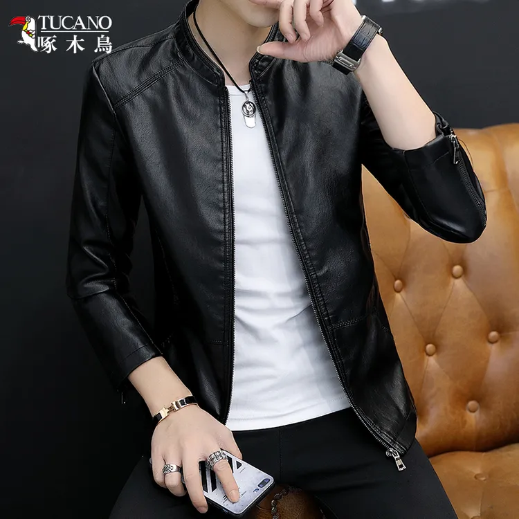 啄木鸟春秋新款立领皮衣男商务皮夹克中青年机车服外套男装1682-1