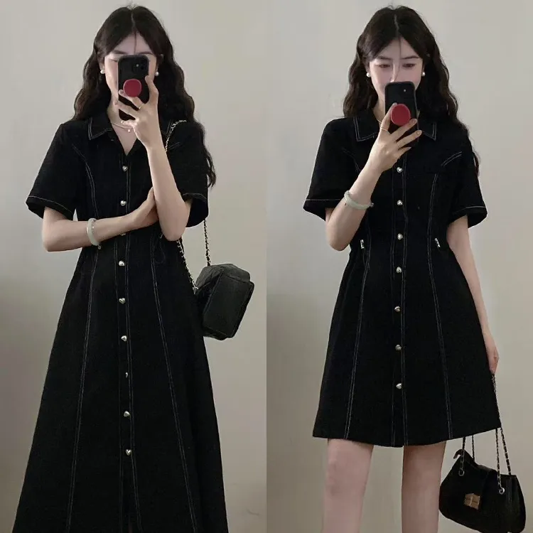 大码复古微胖短袖连衣裙女装夏季梨形身材牛仔裙胖MM遮肚显瘦裙子