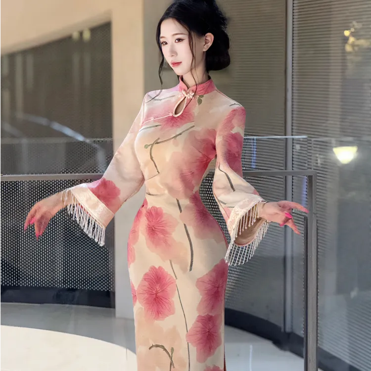 LHMknk1画报夫人原创自制秋冬厚款倒大袖旗袍 粉荷花倒大袖