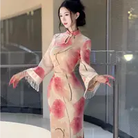 LHMknk1活动画报夫人原创自制秋冬厚款倒大袖旗袍 粉荷花倒大袖