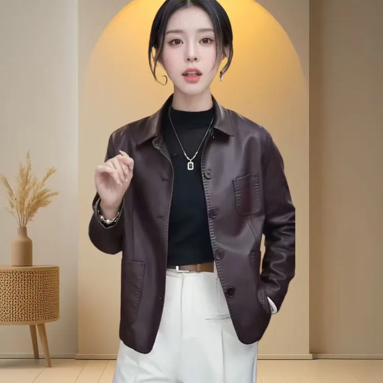 【单里衬】海宁正品2025春秋新款时尚休闲翻领气质皮衣外套女JH05