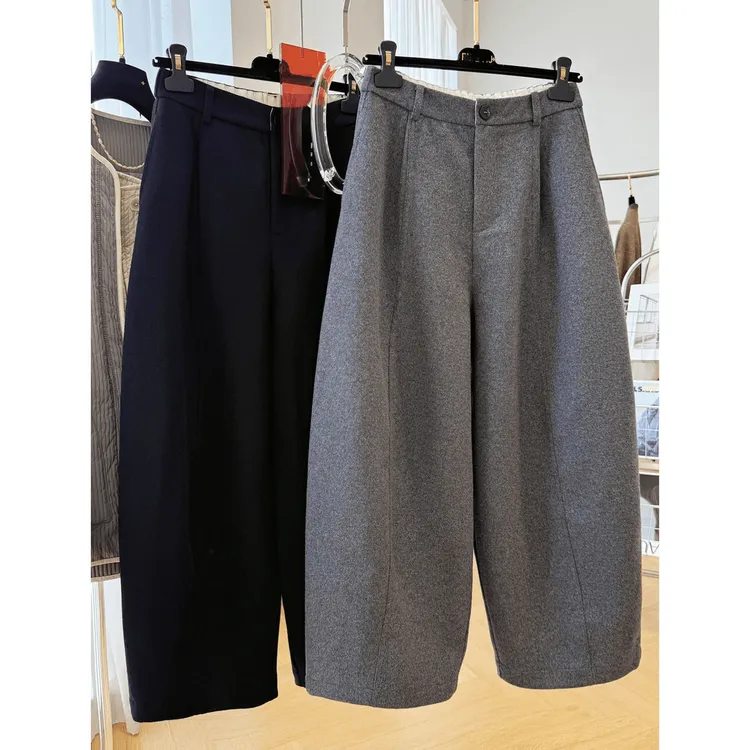 大码韩系百搭毛呢直筒阔腿休闲裤女秋冬款梨形身材高腰宽松九分裤
