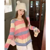 大码美美哒春季多巴胺穿搭撞色条纹毛衣设计感慵懒针织衫68645