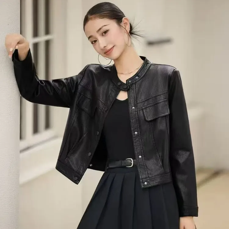 2025新款极简风秋冬常规复古港风短款皮衣春季百搭黑色皮衣女装