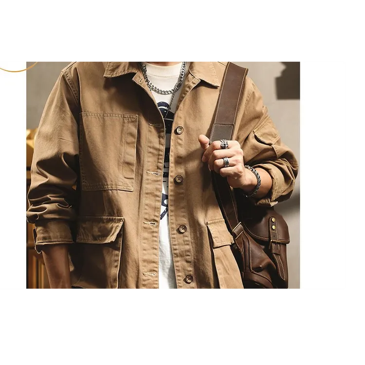 灏吉弧复古牛仔外套男秋季宽松潮牌加肥加大码潮流帅气工装夹克