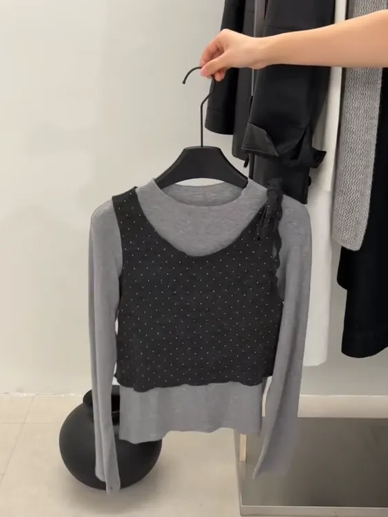 2025春秋季韩系减龄波点绑带吊带背心叠穿内搭长袖打底衫两件套