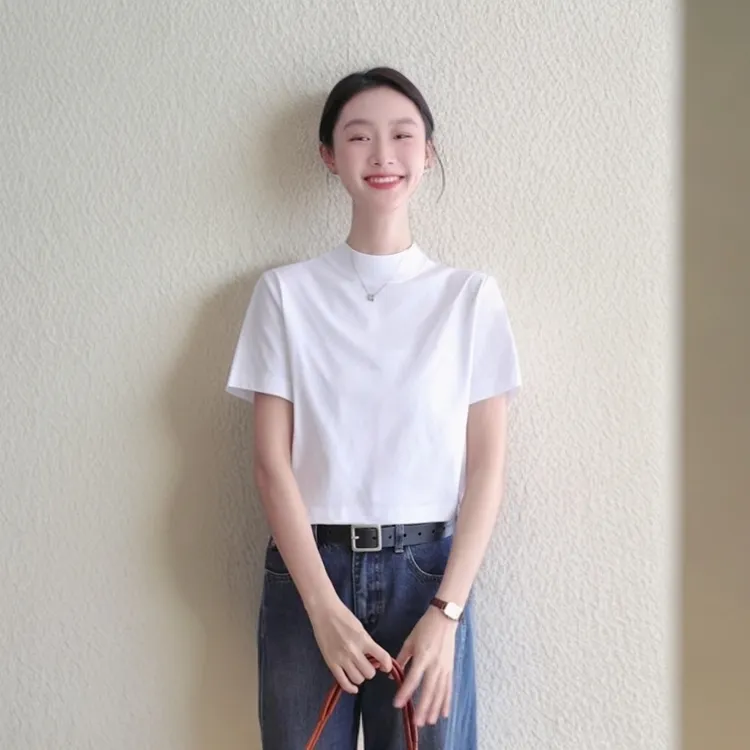 正肩小半高领短袖短款T恤女宽松显瘦时尚休闲纯白色上衣后中线款