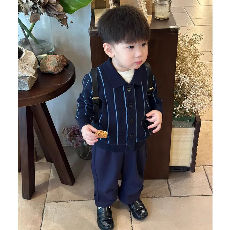 男童针织衫2025春秋款男宝宝洋气时髦竖条纹开衫百搭蓝色翻领毛衣