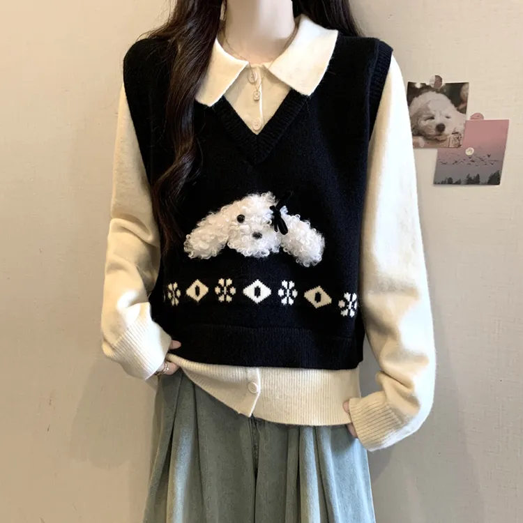 大码假两件马甲拼接POLO领加厚毛衣女秋冬胖MM宽松显瘦洋气针织衫