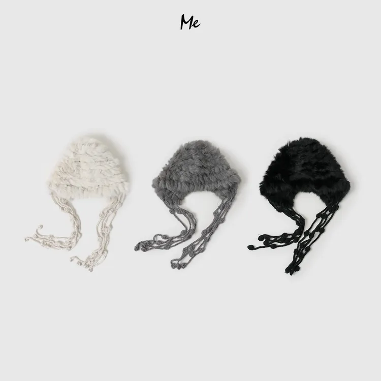 ME【流苏护耳帽】兔毛皮毛线钩花流苏加厚防寒保暖毛绒帽子MEQA3990