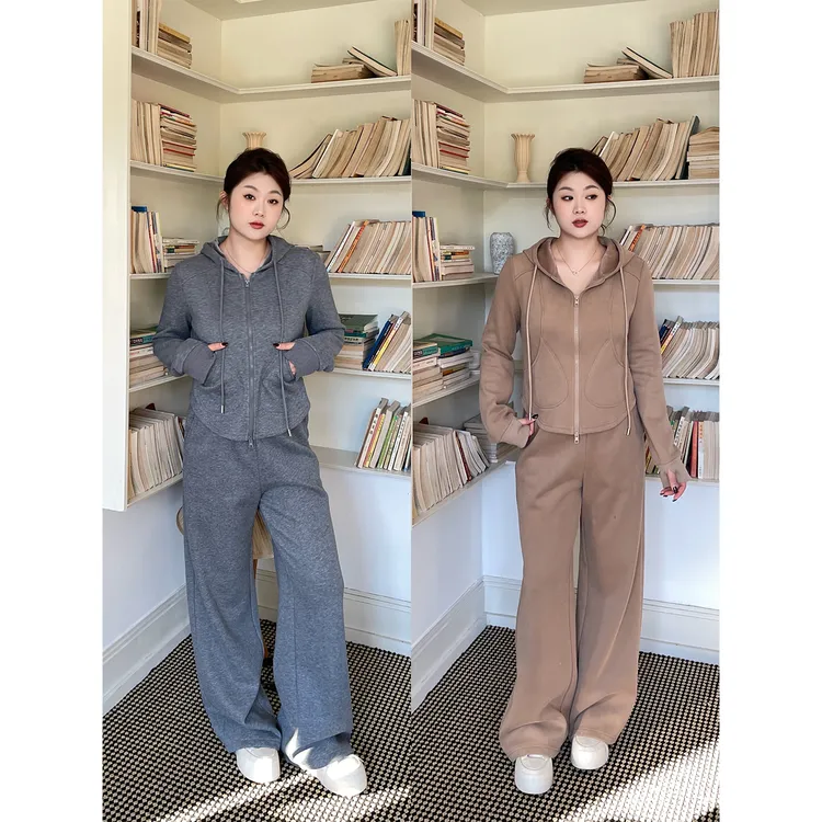 裂渡宣宣【青春主角】微胖大码女秋连帽拉链上衣+卫裤套装ZY508V41
