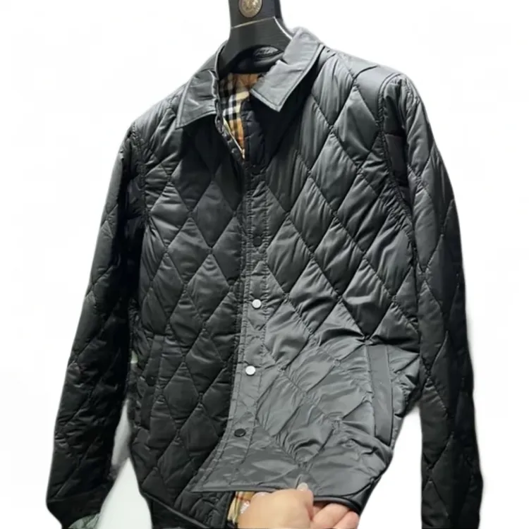 2025冬季新款男士棉服潮流翻领菱形格刺绣短款修身纯色韩版外套棉