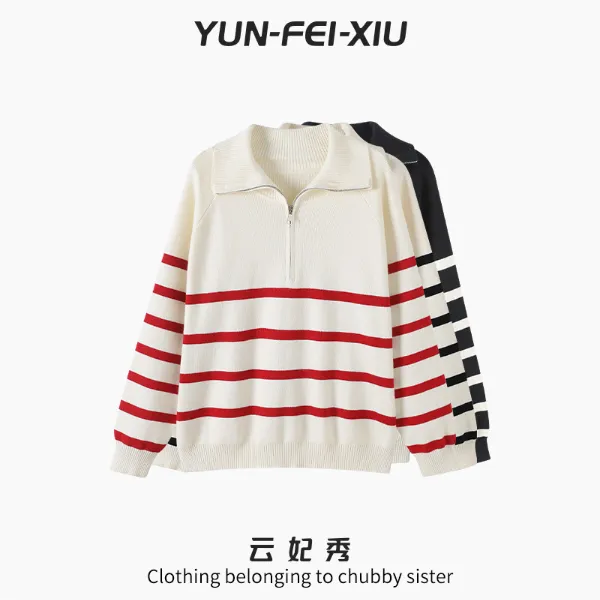 云妃秀大码女装针织衫时尚休闲条纹百搭微胖宽松显瘦韩版秋季5138