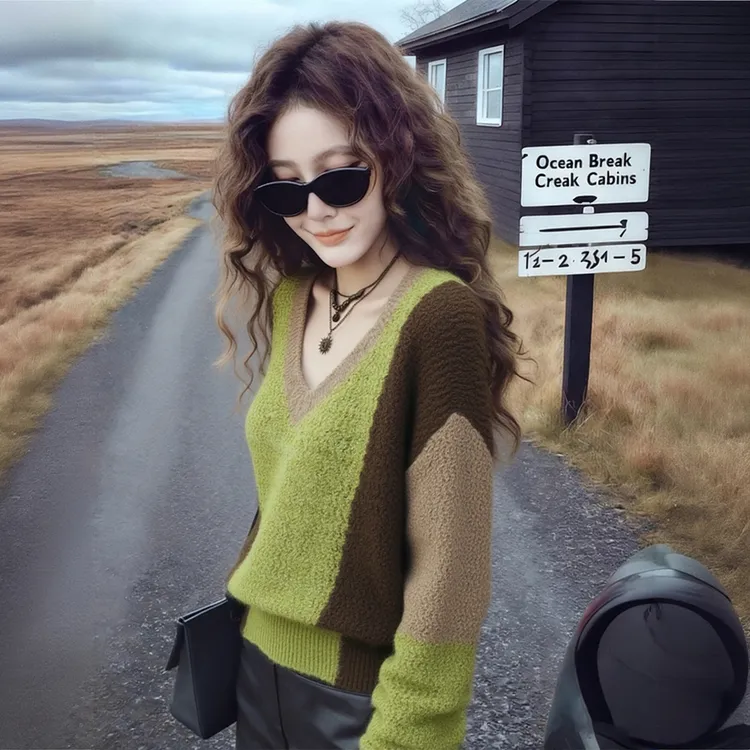 冬季韩系宽松慵懒风绿色毛衣高级洋气减龄巨好看撞色V领针织衫女