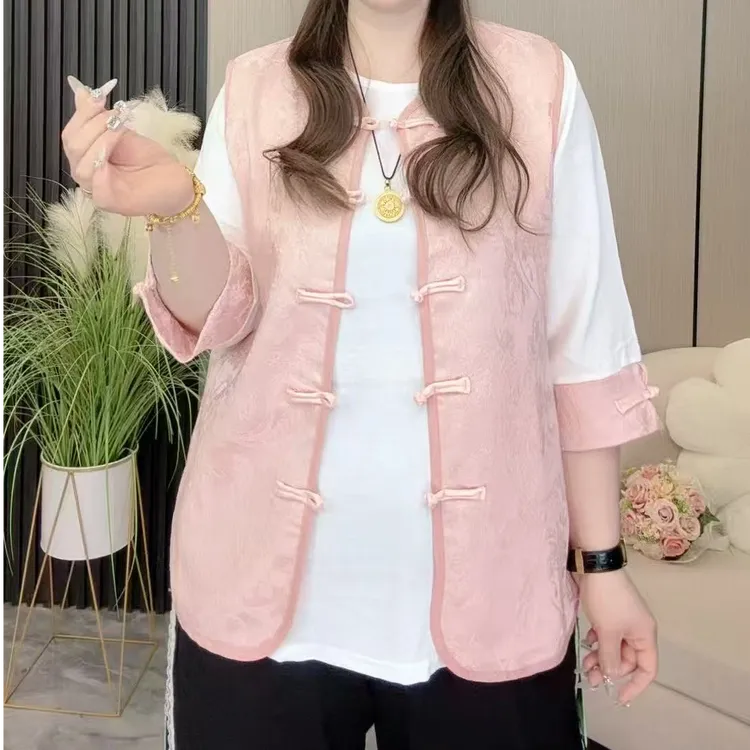 1382-早秋大码两件套(马甲+撞色分袖衫)新中式撞色两件套