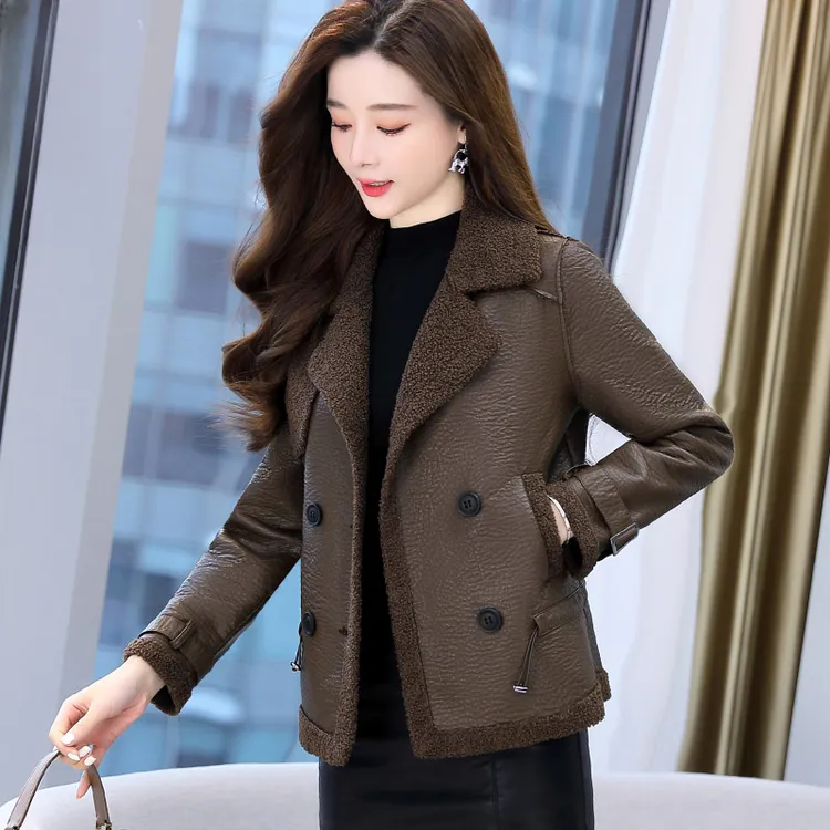 皮毛一体羊羔毛外套女2025冬季新款加绒加厚短款皮衣气质西装夹克