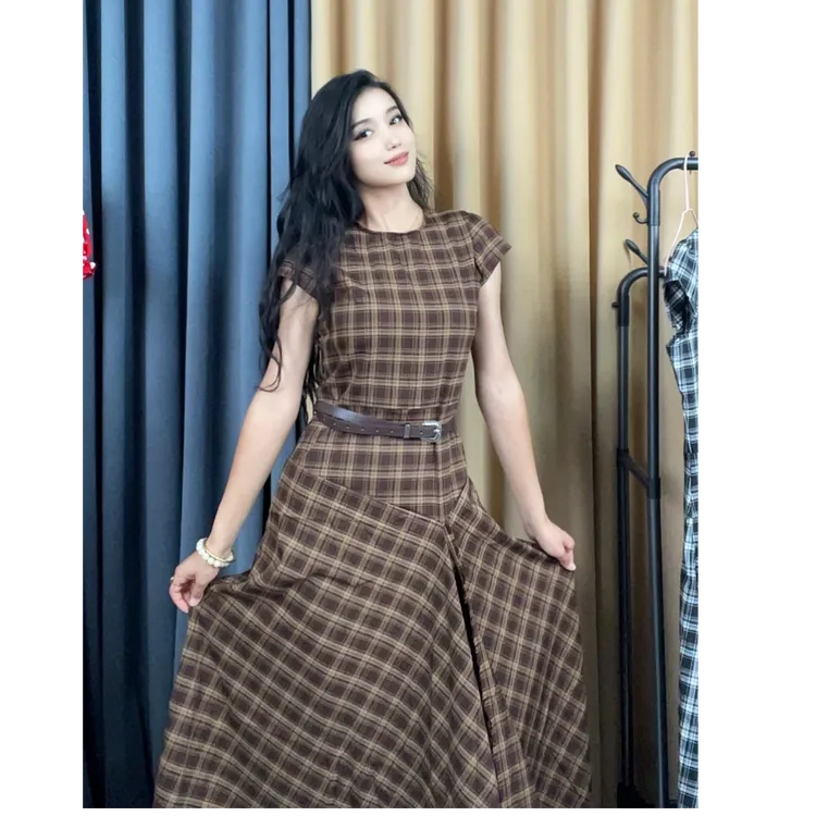 长款连衣裙气质格子显瘦格子裙套头U型领夏季圆领