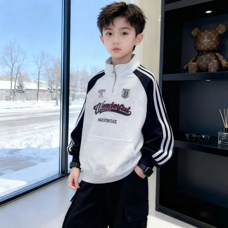 秋冬款男孩加绒加厚立领上衣6-12岁潮款痞帅男童卫衣大童冬季卫衣