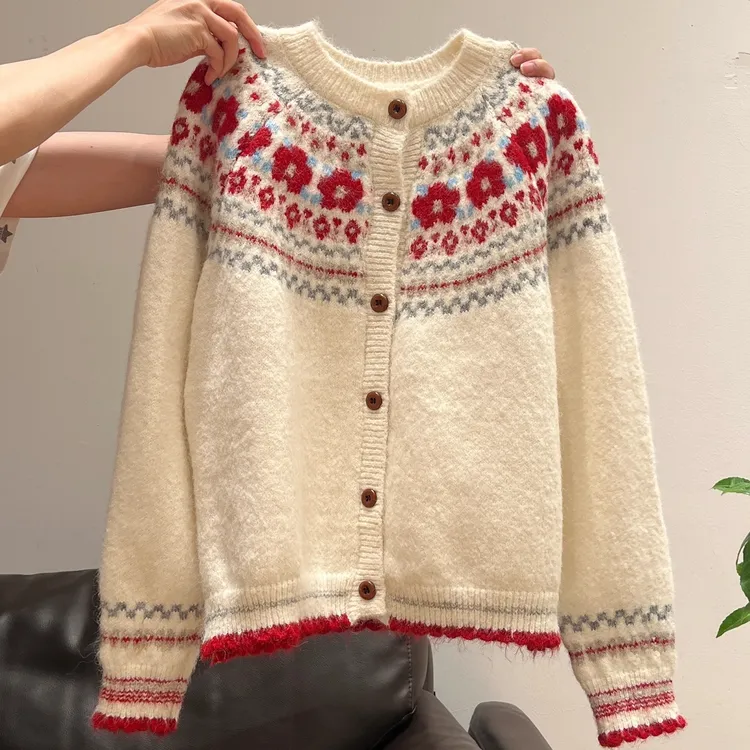 MISU/糜素毛衣女针织开衫外套宽松加厚保暖费尔岛外穿上衣秋冬款